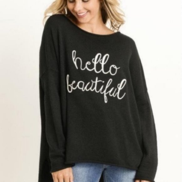 GILLI Sweaters - NWT Hello beautiful Graphic Embroidered Black Pullover Sweater Women's Small